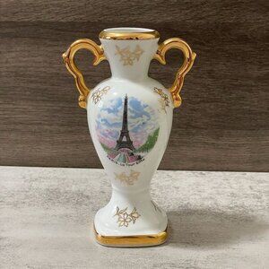 Vintage D'Art Limoges France Porcelain Eiffel Tower Paris Two Handle Vase 6.25"
